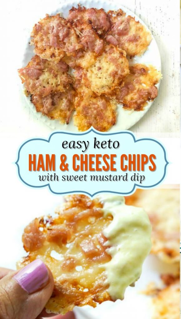 tray and white plate with keto ham and cheese chips with mustard dip and text