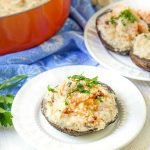 pan of shrimp cauliflower risotto with stuffed mushrooms and text overlay