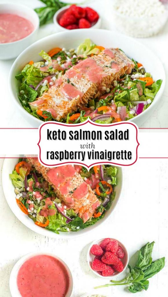 white bowl with low carb goat cheese & salmon salad with raspberry dressing and text