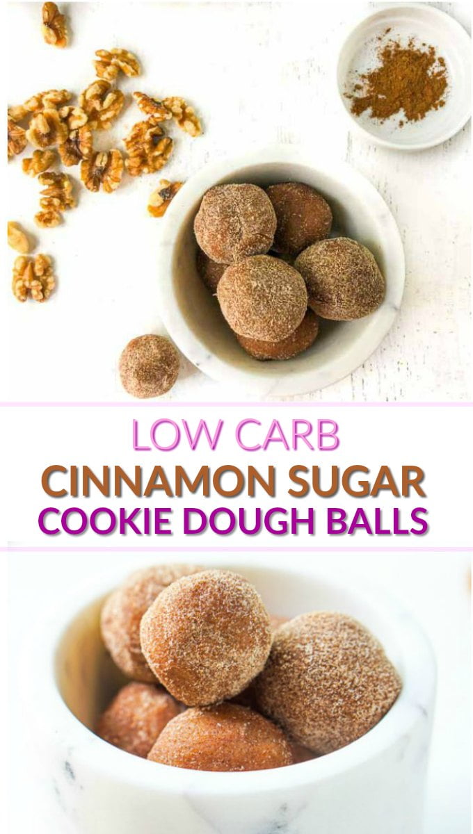 white marble bowl with keto cinnamon sugar cookie dough balls with text overlay