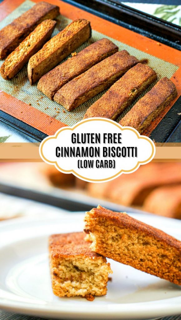 cookie sheet and plate with gluten free cinnamon biscotti and text overlay