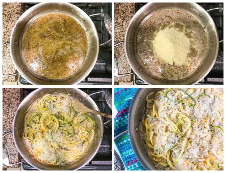collage of how to make this keto version of cacio e pepe with pans of butter and pepper, then adding zucchini and cheese