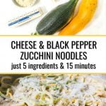 pan and plate with keto zucchini noodles with cheese and pepper and text overlay
