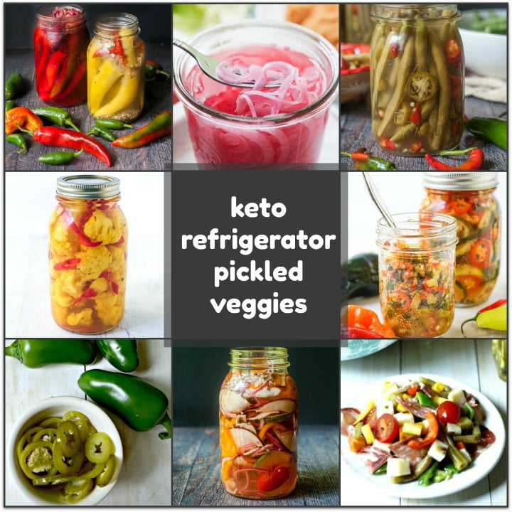 collage of pictures of keto refrigerator pickled vegetables and text overlay