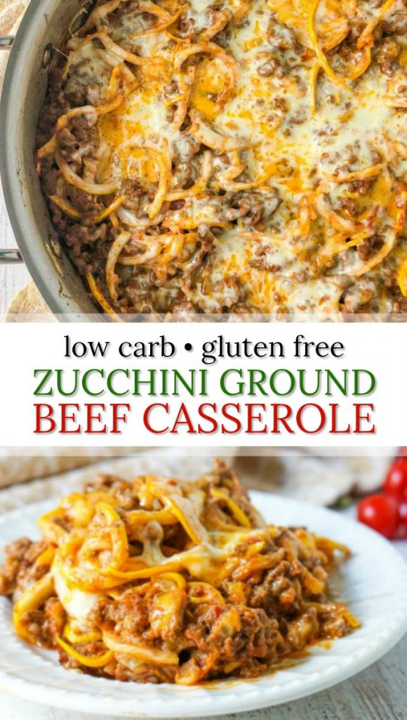 white plate and pan of keto zucchini ground beef casserole with text