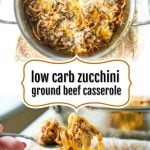 white plate and pan of keto zucchini ground beef casserole with text