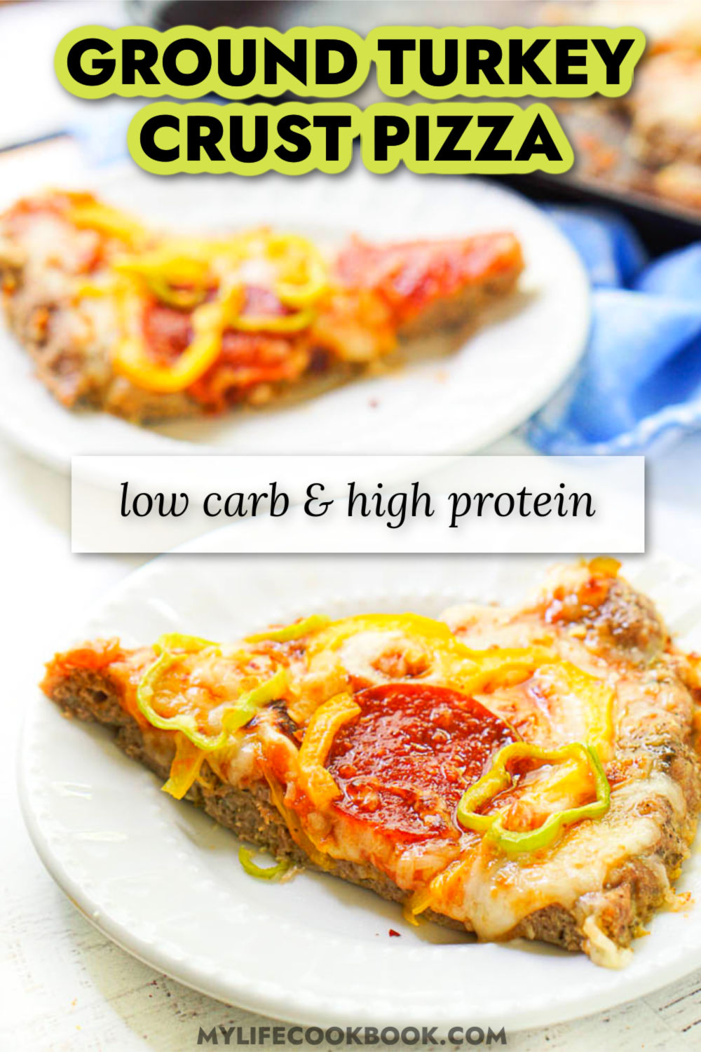 white plates with a piece of keto ground turkey crust pizza and text