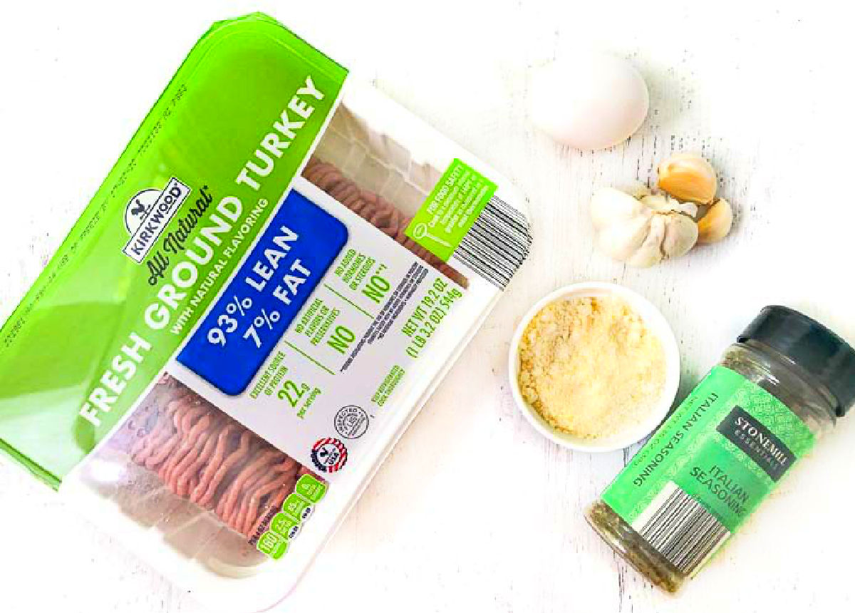 recipe ingredients - ground turkey, parmesan cheese, garlic, egg and Italian seasoning