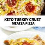 white plate with a piece of keto turkey crust pizza and text overlay