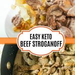 pan and plate with beef stroganoff with text