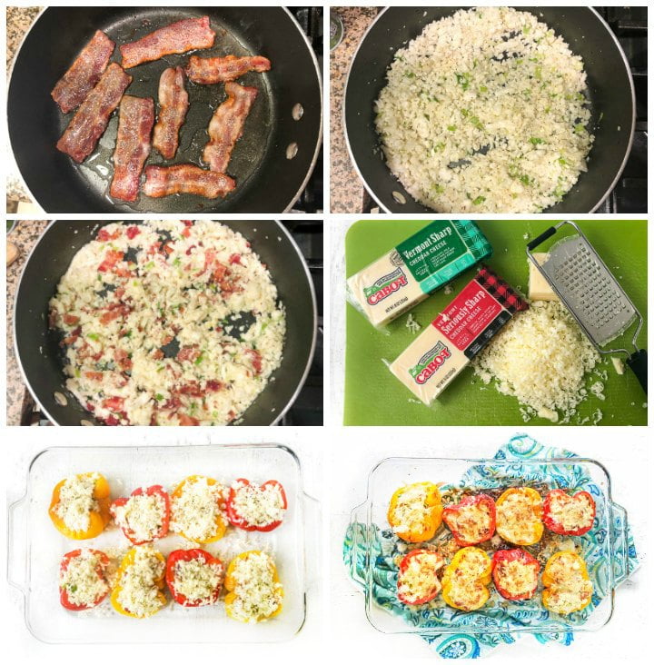 collage of the steps to make the cheese cauliflower rice and stuffing the beppers