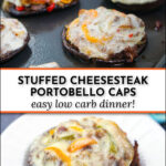 tray with stuffed cheesesteak mushrooms and text