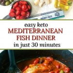 pan with keto mediterranean cod with text overlay