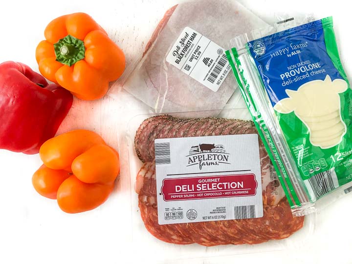 ingredients for subs: bell peppers, provolone, ham, Appleton farms deli selection