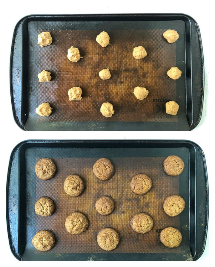 collage of cookie sheets with pumpkin spice cookie batter and finished cookies