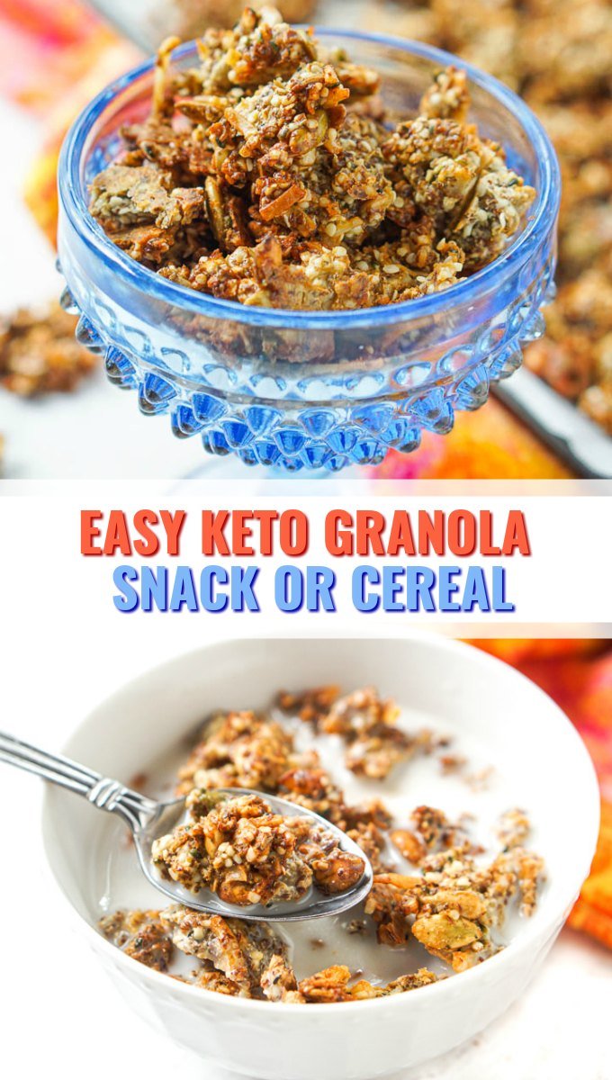 blue dish and white bowl with keto granola with a bright towel and text overlay