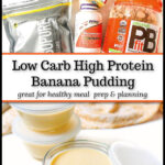 Small glass custard dishes with plastic lids with high protein banana pudding and the ingredients with text overlay.