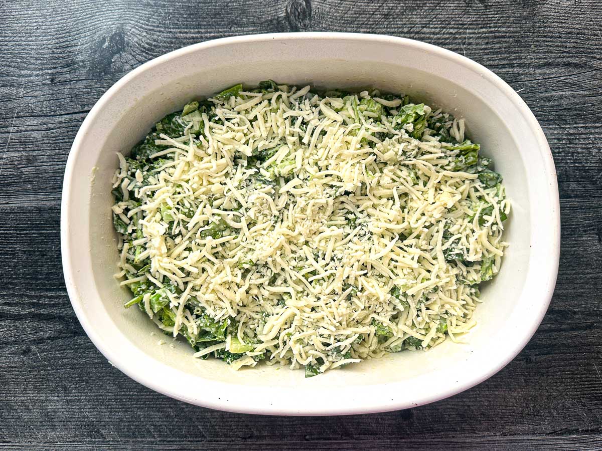 White baking dish with casserole ready to bake.