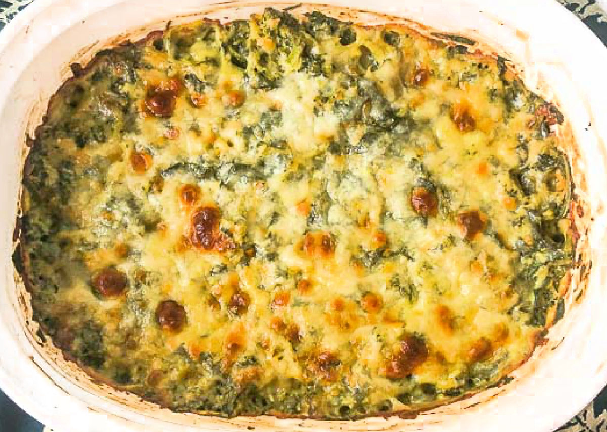 Aerial view of the white baking dish just out of the oven.