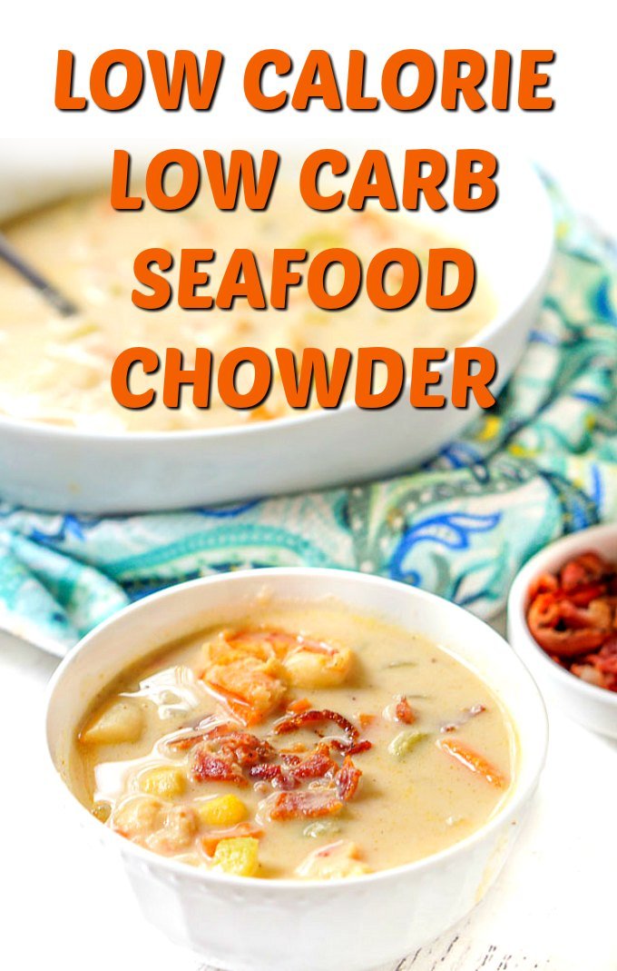closeup of a white bowl with keto seafood chowder and a small bowl of seafood chowder with blue towel and text