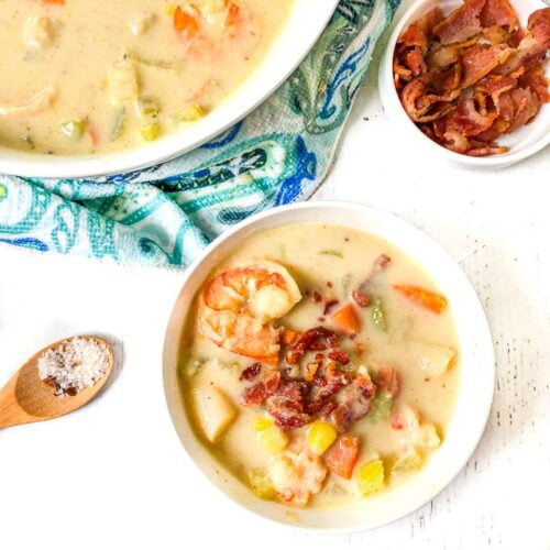 Easy Creamy Keto Seafood Chowder My Life Cookbook low carb healthy everyday recipes.