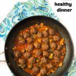 saute pan with Thai curry keto meatballs and text overlay