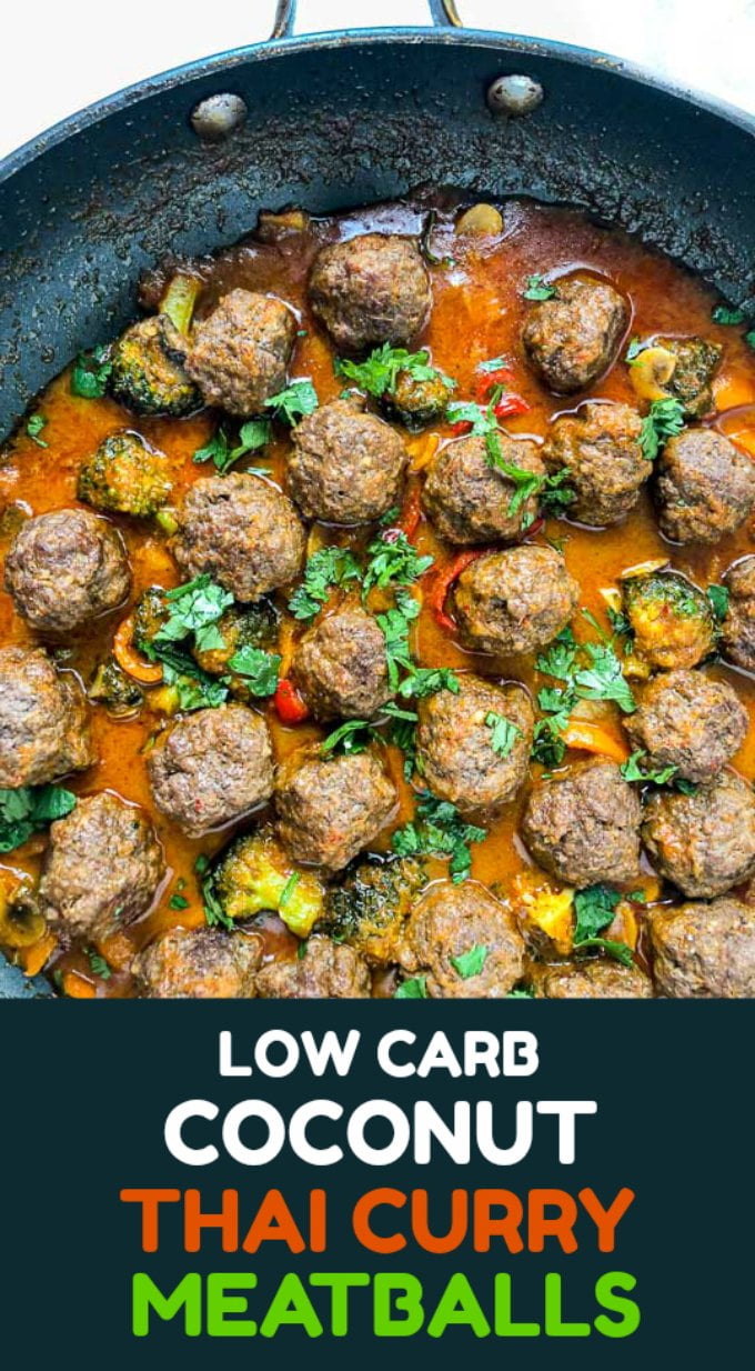 saute pan with Thai curry keto meatballs and text overlay