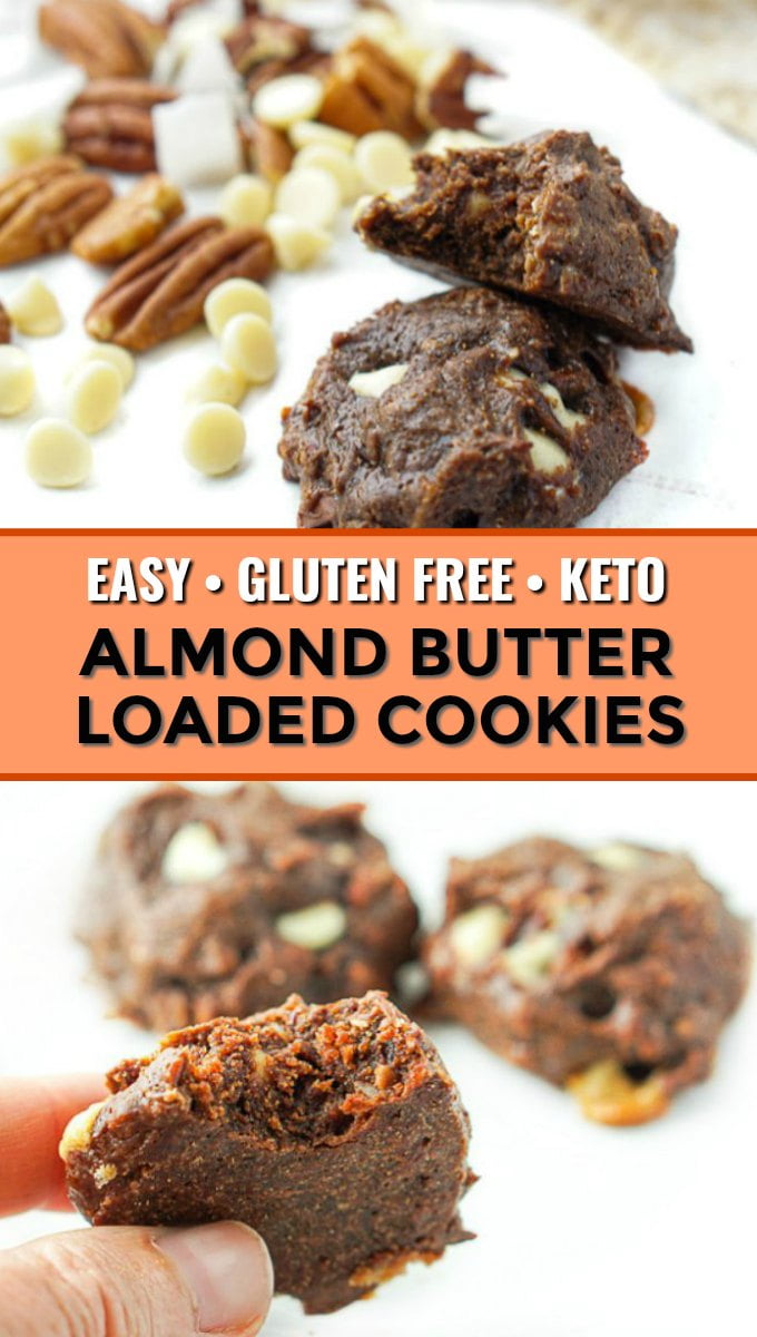 keto chocolate almond butter cookies with raw pecans, white chococolate chips and coconut scatter and text overlay