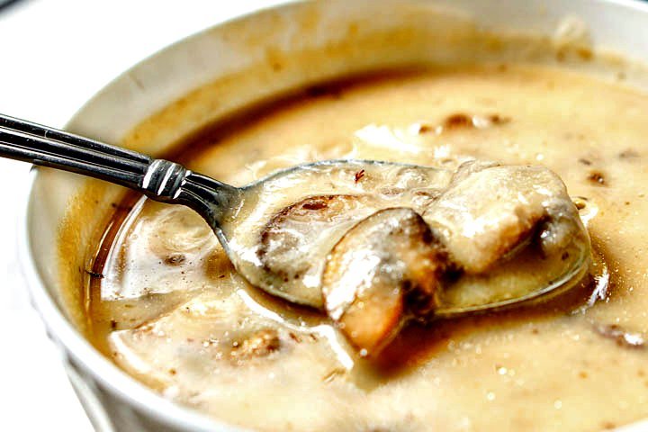 closeup of a spoonful of cream of mushroom soup
