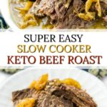 closeup of a white bow and plate with keto Italian beef roast in the slow cooker with text