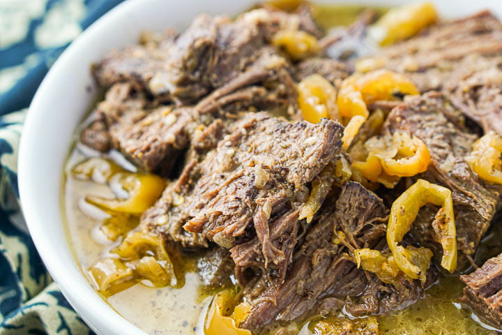 closeup of a bowl of the keto shredded beef pot roast with peppers