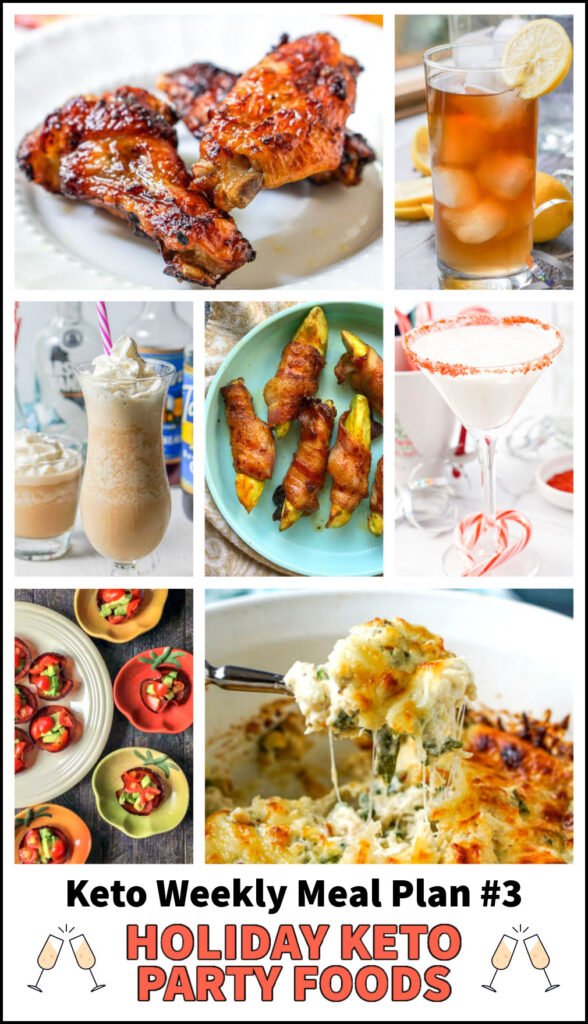 collage of pictures of holiday keto party foods with text overlays