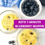 two glass dishes with 1 minute blueberry muffins and a bowl of blueberries, lemon and microplane with text