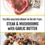 large ribeye steak sliced with garlic mushrooms on white plate with text overlay