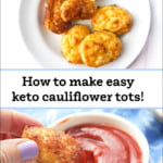 white plate with keto tater tots and a bowl of ketchup with text