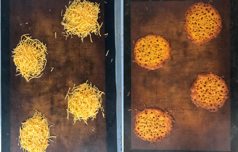 collage of how to make keto cheese shells on their baking sheets
