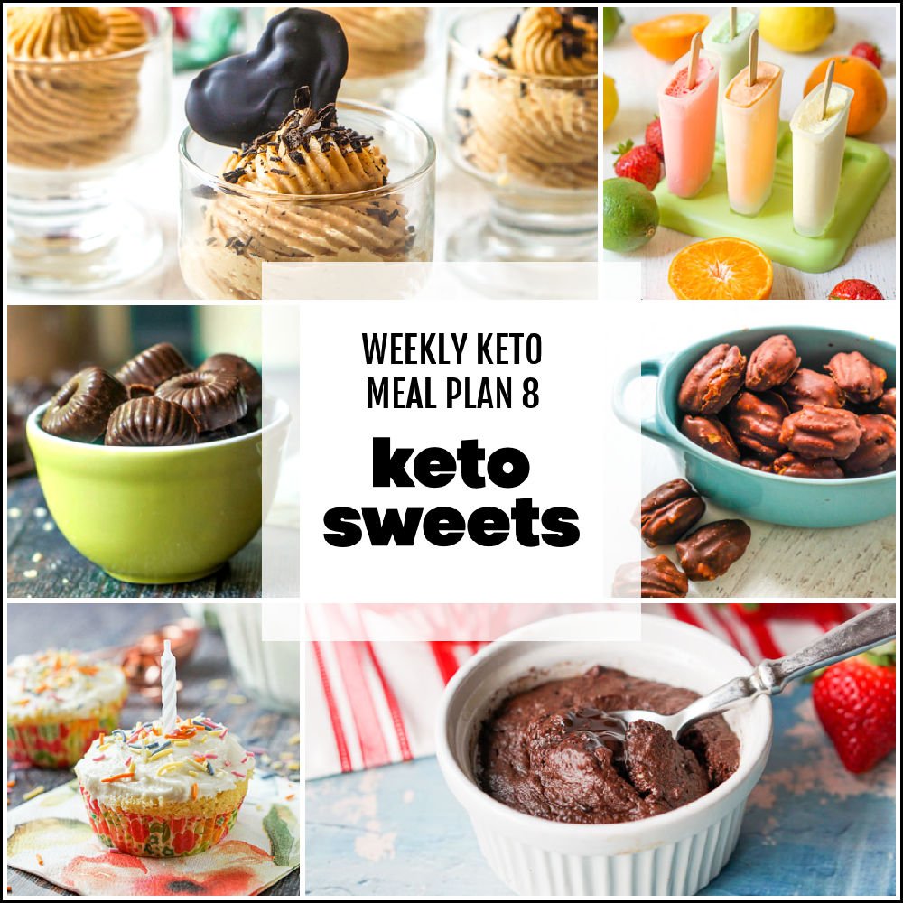 collage of keto sweet recipes for meal plan with text