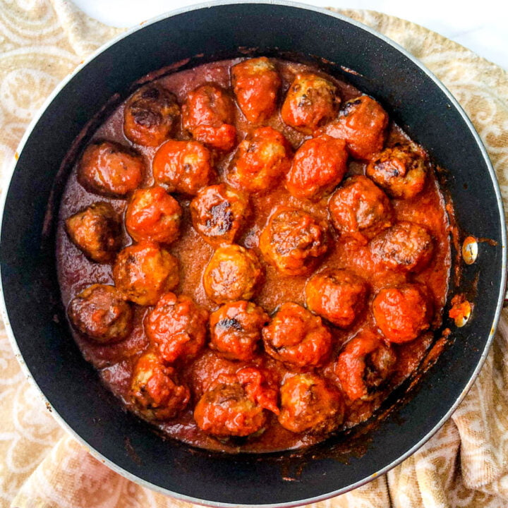 pan of keto turkey meatballs with tomato sauce