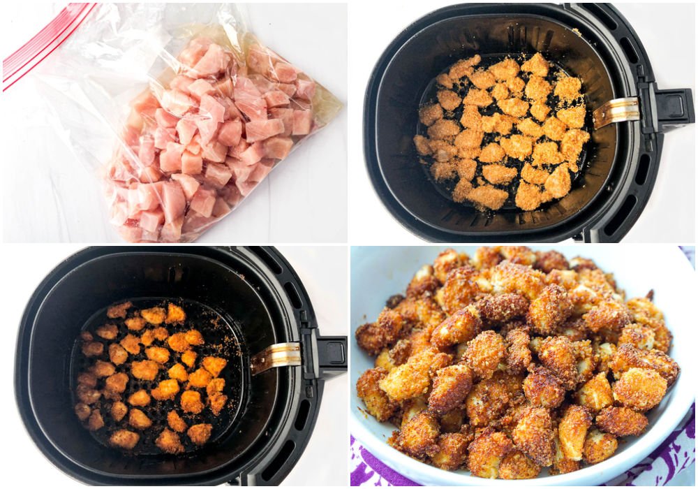 collage of how to make air fryer low carb popcorn chicken