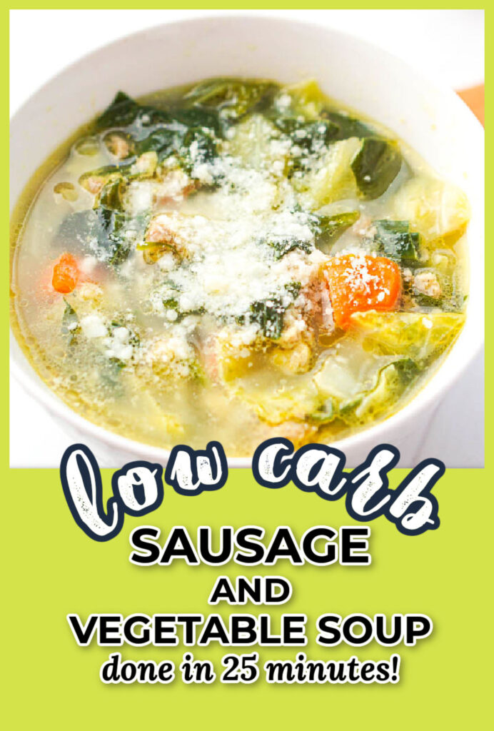 A white bowl of keto sausage cabbage soup and text overlay.
