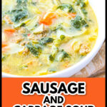 A white bowl of keto sausage cabbage soup and text overlay.