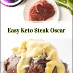 photo of a piece of filet topped with crab and creamy sauce and raw ingredients used with text overlay
