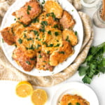 white plate with keto tilapia Romano and text overlay