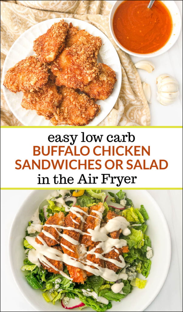 white plate with crispy air fryer buffalo chicken and text overlay