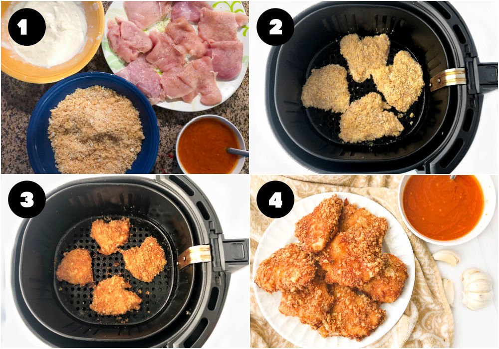 collage of pictures showing how to air fry crispy chicken patties