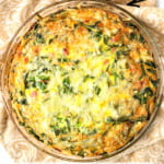a crustless spinach and ham crustless keto quiche with text