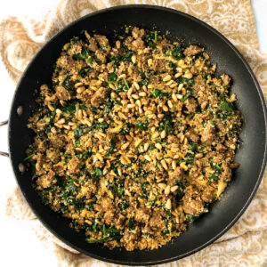 large nonstick pan with keto chorizo cauliflower hash