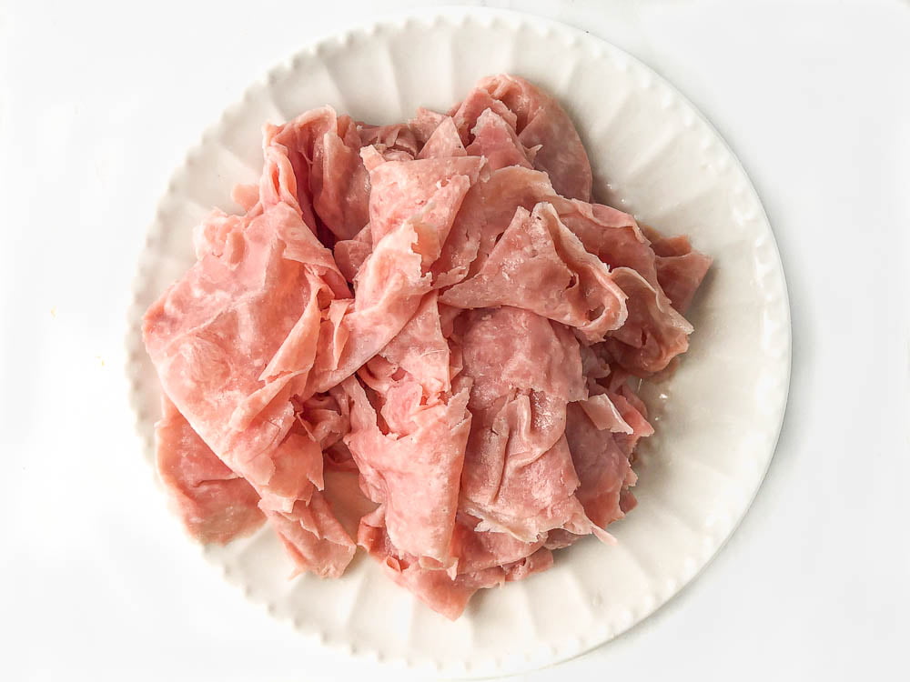 white plate with Isaly's chipped chopped ham