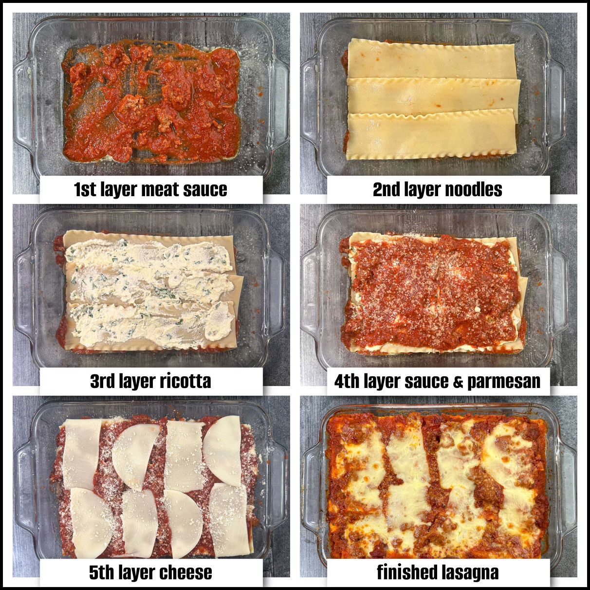 A collage of layer and how you put together the lasagna.