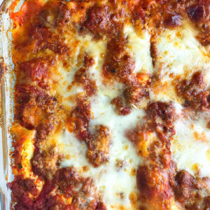 Close up of a pan of meat lasagna.